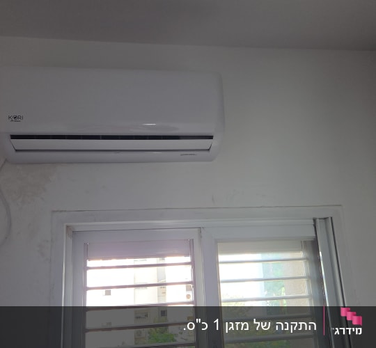 מזגן מותקן על קיר מעל חלון עם תריסים